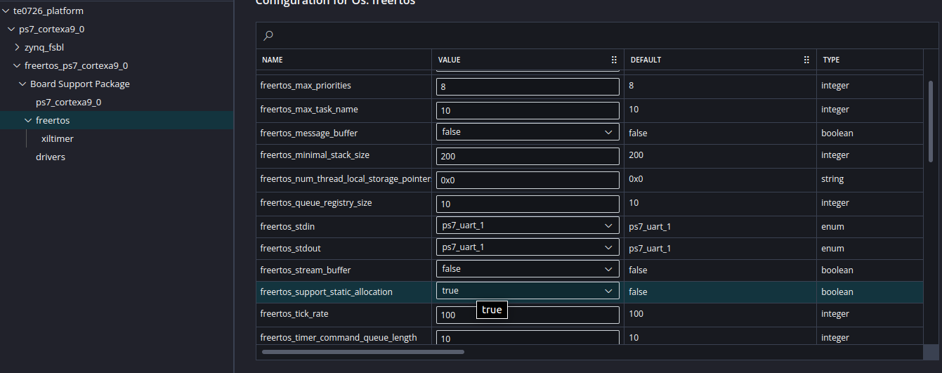 FreeRTOS static allocation setting in Vitis BSP configuration